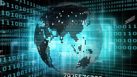 Stylized digital globe floating amid translucent grid lines and streaming binary Stock Footage 309143868