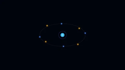 A stylized digital illustration of an atom model against a black background 動画素材 338309785