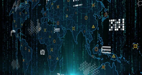 Stylized digital world map being animated over flat interface, showing hex grids Stock Footage 307428554