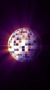 Stylized disco mirror ball emitting purple light rays in dark background Stock Photos