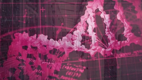 Stylized DNA helix emerging left on data scan, rotating, revealing code overlays Stock Footage 332641947