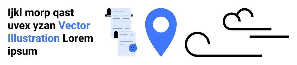 Stylized document icon, blue location pin, and black abstract cloud lines. Id 스톡 일러스트