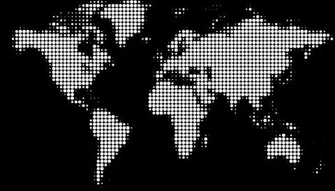 Stylized dotted world map on black background with halftone effect. Stockillustratie