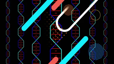 Stylized double helix being rendered flat, showing red dashes, capsules, striped Stock Footage 309101160