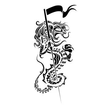 Stylized dragon stands on two hind legs and holds in its front paws flag, coa Stock Illustration