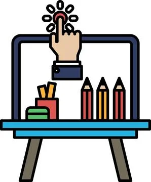 A stylized drawing of a hand pointing to a laptop with a red button Stock Illustration