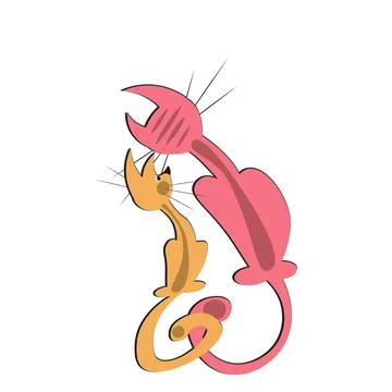 Stylized drawing, illustration on a white square background - two cats sit wi Stock Illustration