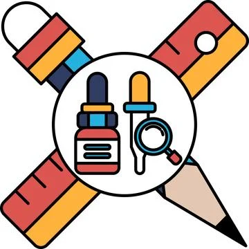 A stylized drawing of a pen, ruler, and a bottle of medicine Stock Illustration
