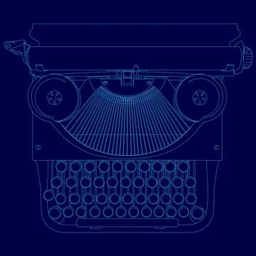 Stylized drawing of a typewriter with a blue background. The typewriter is shown Stock Illustration