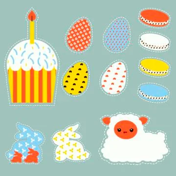Stylized Easter set with easter eggs,bunnys, cake and lamb Stock Illustration