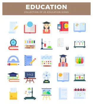 Stylized education icons featuring classroom objects and students with grad.. イラスト素材