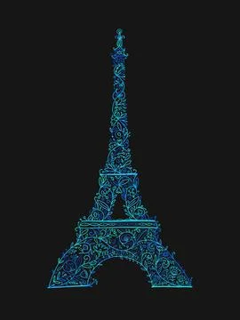 Stylized Eiffel Tower landmark in Paris, . Floral Ornament. Sketch for your Illustrazione stock