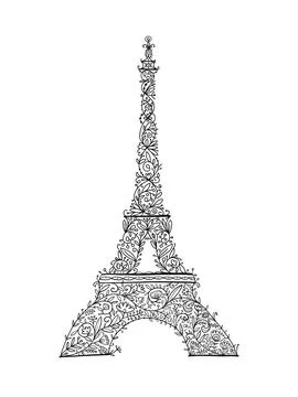 Stylized Eiffel Tower landmark in Paris, . Floral Ornament. Sketch for your Stock Illustration