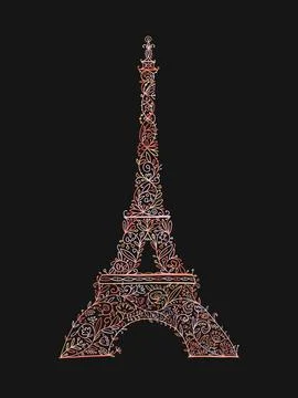 Stylized Eiffel Tower landmark in Paris, . Floral Ornament. Sketch for your Stock Illustration