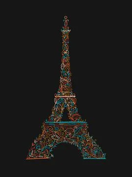 Stylized Eiffel Tower landmark in Paris, . Floral Ornament. Sketch for your Illustrazione stock