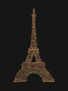 Stylized Eiffel Tower landmark in Paris, . Floral Ornament. Sketch for your Stock Illustration