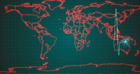 Stylized electrocardiogram on a background of a world map with the naming of the Stock Footage 132967227