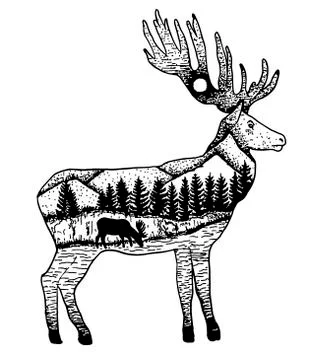 Stylized elk with nature landscape vector ink hand drawn illustration Stock Illustration