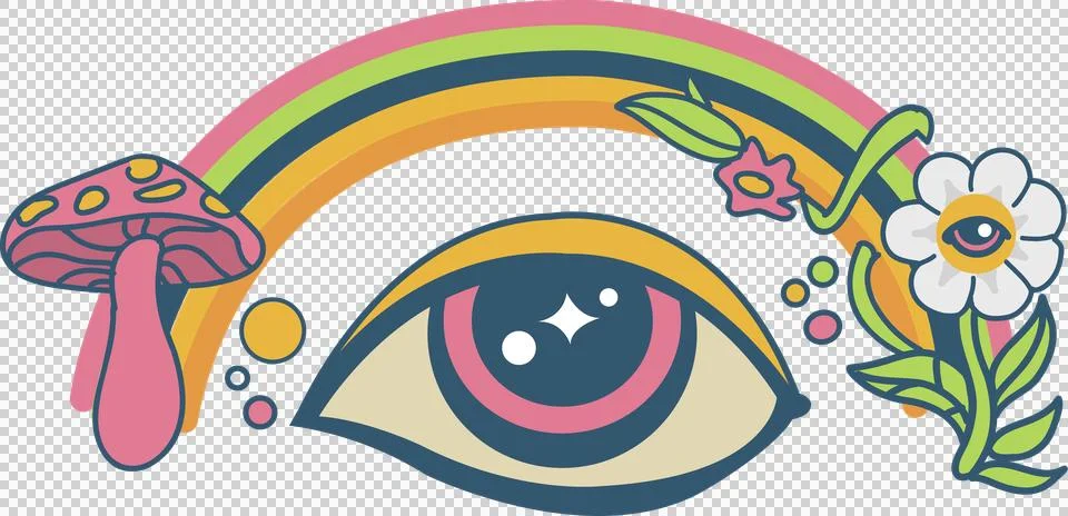 Stylized eye is floating in flat vector, rainbow arch, mushroom, flower eye, Stock Illustration