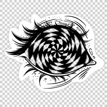 Stylized eye ink drawing is showcasing swirling spiral iris with lashes, Stock Illustration