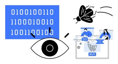 Stylized eye observes binary code, bug flying towards e-commerce site with sh 스톡 일러스트