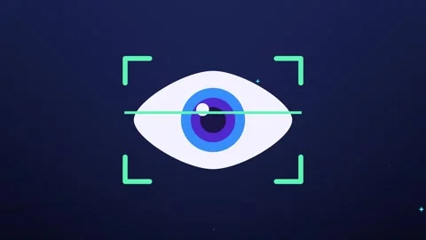 Stylized eye with a pulsing pupil inside green corner brackets and a gliding Vídeos de archivo 348702643