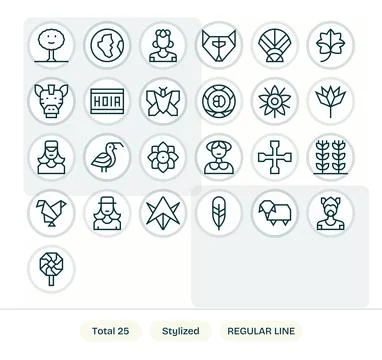 Stylized featuring 25 High Resolution Vector Icons in Regular Line Design Stock Illustration