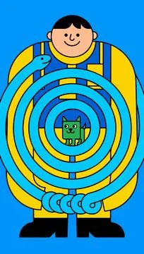 Stylized Figure with Snake and Cat Stock Illustration