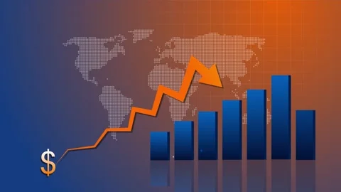 Stylized financial bar chart with rising orange arrow over blue columns ani.. Stock Footage 333924670