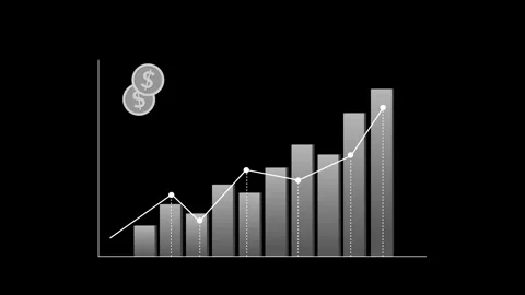 Stylized financial bar chart with upward trend line graph animation, coin i.. Vidéo 334760756