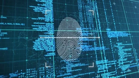 Stylized fingerprint fading in, activating HUD, scanning line sweeping across Stock Footage 329454099