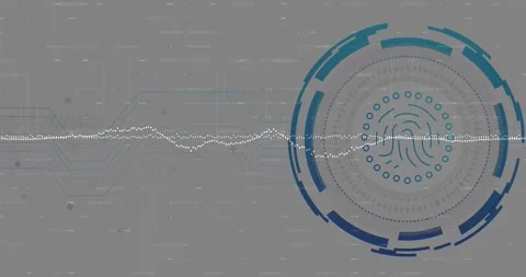 Stylized fingerprint icon being displayed among security HUD rings extending Stock Footage 327711870