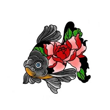 Stylized fish and flower. Tattoo design. Stock Illustration