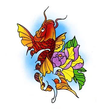 Stylized fish and flower. Tattoo design. Stock Illustration
