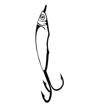 A stylized fish-shaped lure with a single eye and sharp triple hooks at the b 스톡 일러스트
