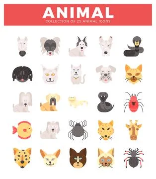 Stylized flat animal icons including dogs. cats. and snakes on a white back.. Stock Illustration