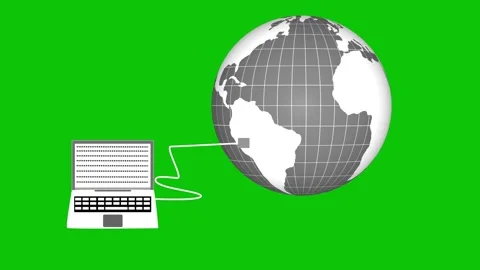Stylized flat animation of a laptop connected by a cable to a globe showing.. Stock Footage 337023727
