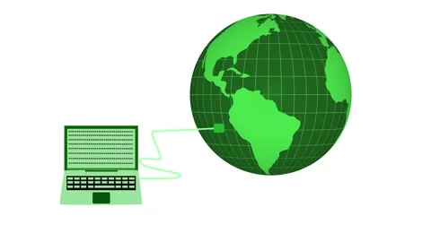 Stylized flat animation of a laptop connected by a cable to a globe showing.. Stock Footage 337023739