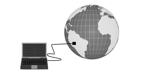Stylized flat animation of a laptop connected by a cable to a globe showing.. Stock Footage 337023748