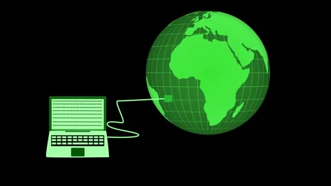 Stylized flat animation of a laptop connected by a cable to a globe showing.. Stock Footage 337023758