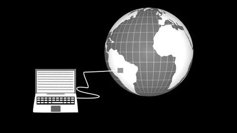 Stylized flat animation of a laptop connected by a cable to a globe showing.. Stock Footage 337023773