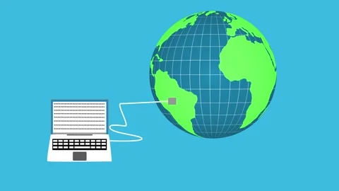 Stylized flat animation of a laptop connected by a cable to a globe showing.. Stock Footage 337023782