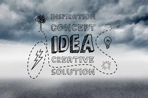 Stylized flat concept graphic is floating above overcast plain, showing IDEA Ilustração Stock