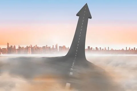 Stylized flat design highway with dashed lines is rising through fog into arrow Foto stock