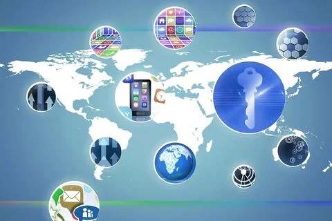 Stylized flat design is illustrating global connectivity featuring key icon, Stock Photos