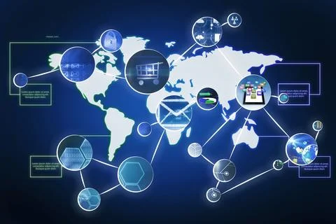 Stylized flat design network is showing tech icons linked by lines over gradient Stock Illustration