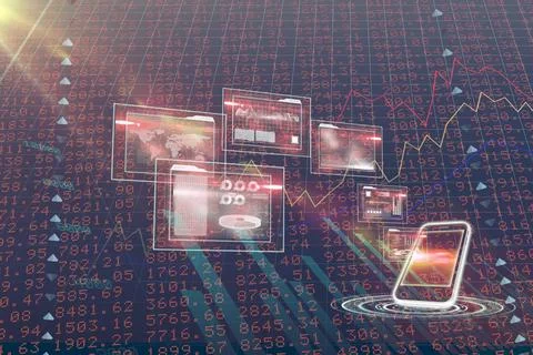 Stylized flat design showing hovering panels and smartphone projecting Stock Photos
