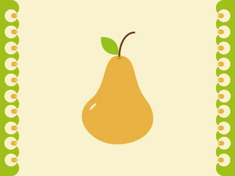 A stylized, flat design of a single golden pear with a leaf and stem Illustrazione stock