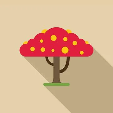 Stylized flat design tree with red crown and yellow fruits growing in green.. Stock Illustration