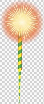 Stylized flat firework rocket showing orange spark burst with striped stick on Stock Illustration